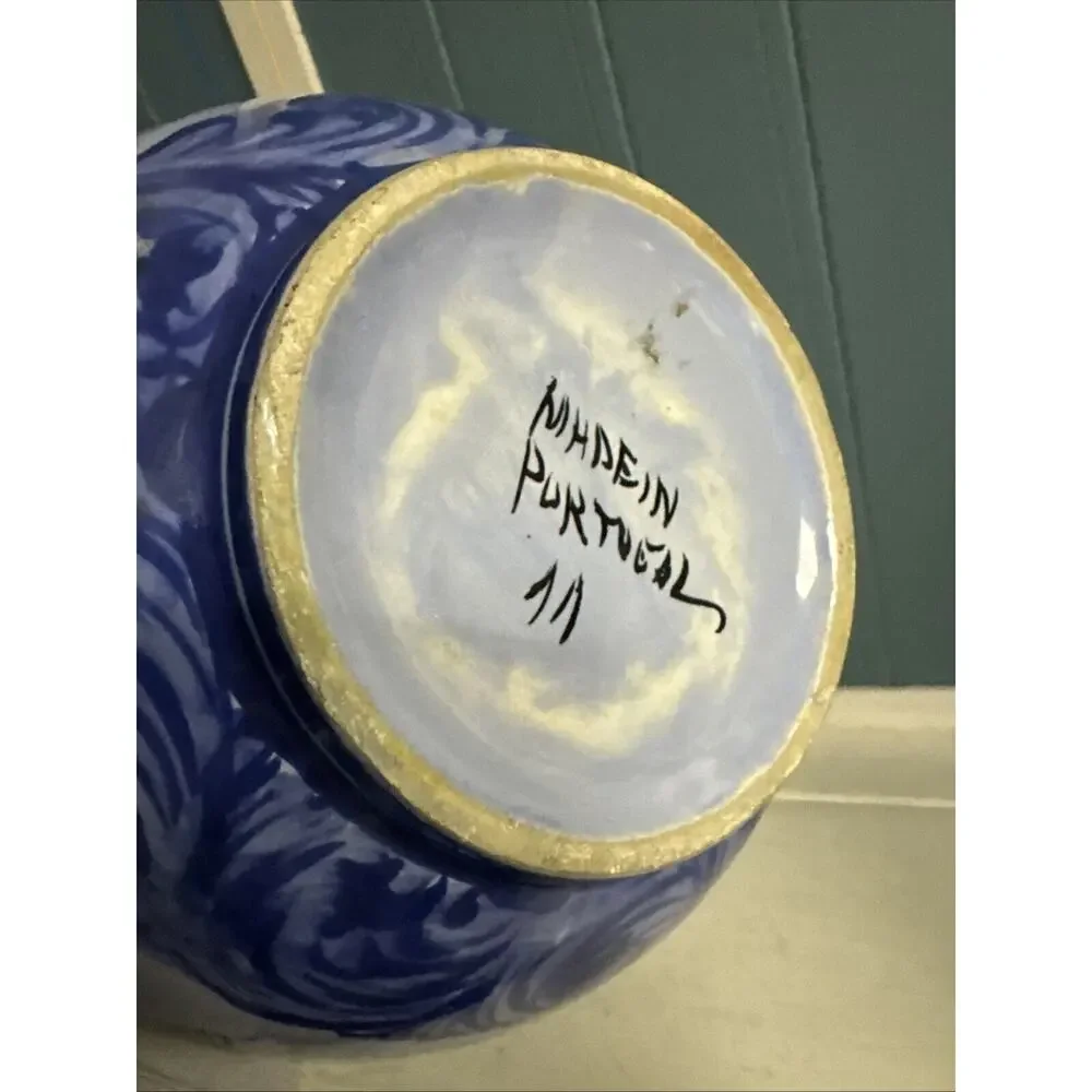 Vintage Alcobaca Portuguese Hand-painted Blue Floral Pottery Vase Large 16” Tall